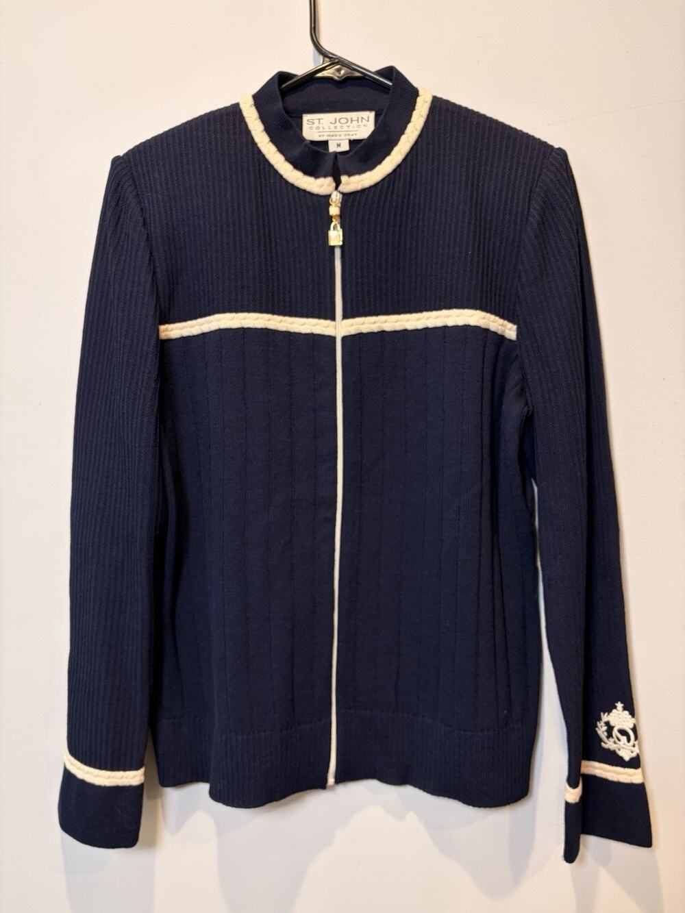 St John Marie Gray Full Zip Ribbed Sweater Jacket Women Medium Navy Blue Vintage
